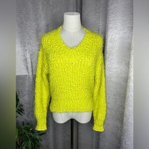 NWT Anthropologie Endless Rose V-Neck Waffle Knit Sweater Lime Yellow Sz XS